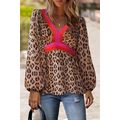 Khaki Cheetah Color Block V Neck Balloon Sleeve...