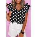 Black Polka Dot Print Ruffled Sleeve V Neck Blouse