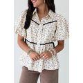 White Contrast Trim Floral Puff Short Sleeve Shirt