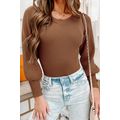 Brown Ribbed Balloon Sleeve Bodysuit