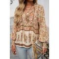 Yellow Floral Print Tie Neck Lantern Sleeve Blouse