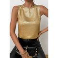 Gold Metal Textured Round Neck Casual Tank Top