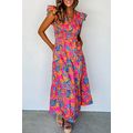Rose Red Boho Floral V Neck Ruffle Tiered Long ...