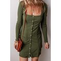 Guacamole Green Rib Knit Square Neck Buttoned L...