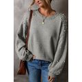 Light Grey Pearled Drop Shoulder Round Neck Swe...