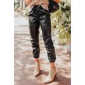 Black Faux Leather Ankle Smocked Waist Drawstri...