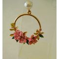 Vintage Earrings Large Pink Flower Hoop with Pe...