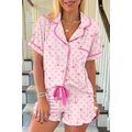 Pink Bow Print Contrast Pipping Short Pajamas Set