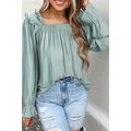 Green Ruffled Square Neck Cuffs Long Sleeve Blouse