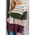 Green Color Block Striped Buttoned Shoulder Spl...