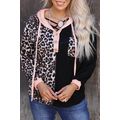 Black Leopard Patchwork Buttoned Hooded Sweatshirt
