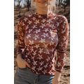 Red Mesh Star Print Mock Neck Sheath Long Sleev...