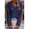 Blue Ribbed Texture Lace Trim V Neck Long Sleev...