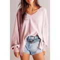 Light Pink Waffle V Neck Long Sleeve Drop Shoul...