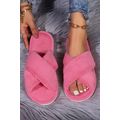 Rose Red Criss Cross Open Toe Fuzzy Slippers