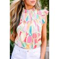 Yellow Abstract Print Smocked Collar Ruffled Sl...