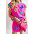 Rose Red Sequined Flower Graphic Colorblock 2 P...
