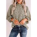 Khaki Frilled Neck 3/4 Sleeves Cheetah Blouse