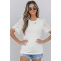 White Eyelet Pattern Short Sleeve Patchwork Rib...