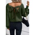 Jungle Green Lantern Sleeve V Neck Knot Back Sw...