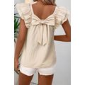 Beige Textured Bow Knot Frilled Butterfly Sleev...
