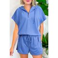 Sky Blue Casual Zipped Short Sleeve Hoodie and ...