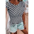 Black Checkered Ribbed Slim Fit Crew Neck T Shirt