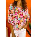 Red Floral Print Puff Sleeve Pleated Elastic Ne...
