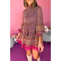 Purple Floral Smocked Puff Sleeve High Neck Min...