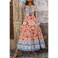 Orange Boho Geometric Printed Long Sleeve Maxi ...