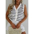 Black Stripe V Neck Gold Buttons Elegant Sweate...
