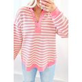 Pink Stripe Buttoned V Neck Collared Drop Shoul...