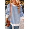 Dark Blue Striped Textured Knit Contrast Edge L...