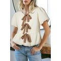 White Textured Bow Ties Front Bubble Hem Puff S...