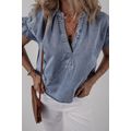 Dusk Blue V Neck Ruffled Short Puff Sleeve Deni...
