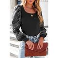 Black Flower Puff Sleeve Ribbed Knit Top