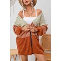Brown Pompom Color Block Open Front Cardigan