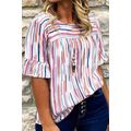 White Stripe Ruffled Short Sleeve Plus Size Blouse