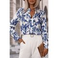 Sky Blue Floral Print Notched Neck Elegant Blouse