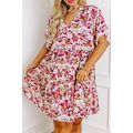 White Abstract Print V Neck Short Sleeve Ruffle...
