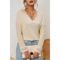 Apricot Ribbed Texture Lace Trim V Neck Long Sl...