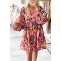 Pink Bohemian Square Neck Puff Sleeve Mini Dress