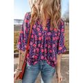 Purple Floral Half Sleeve Split Neck Blouse Top