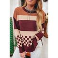 Brown Checkered Color Block Knitted Drop Should...