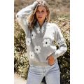Gray Floral Pattern Half Zip Drop Shoulder Sweater