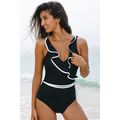 Black Color Contrast Ruffled Wrap V Neck Swimsuit