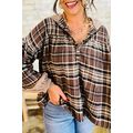 Brown Plaid Patchwork Long Sleeve Button Hooded...