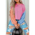 Rose Red Corded Colorblock Patchwork Drop Shoul...