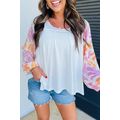 White Tropical Leaf Printed Patchwork Sleeve Ro...