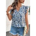 Sky Blue Boho Abstract Print Pintuck Detail Ruf...